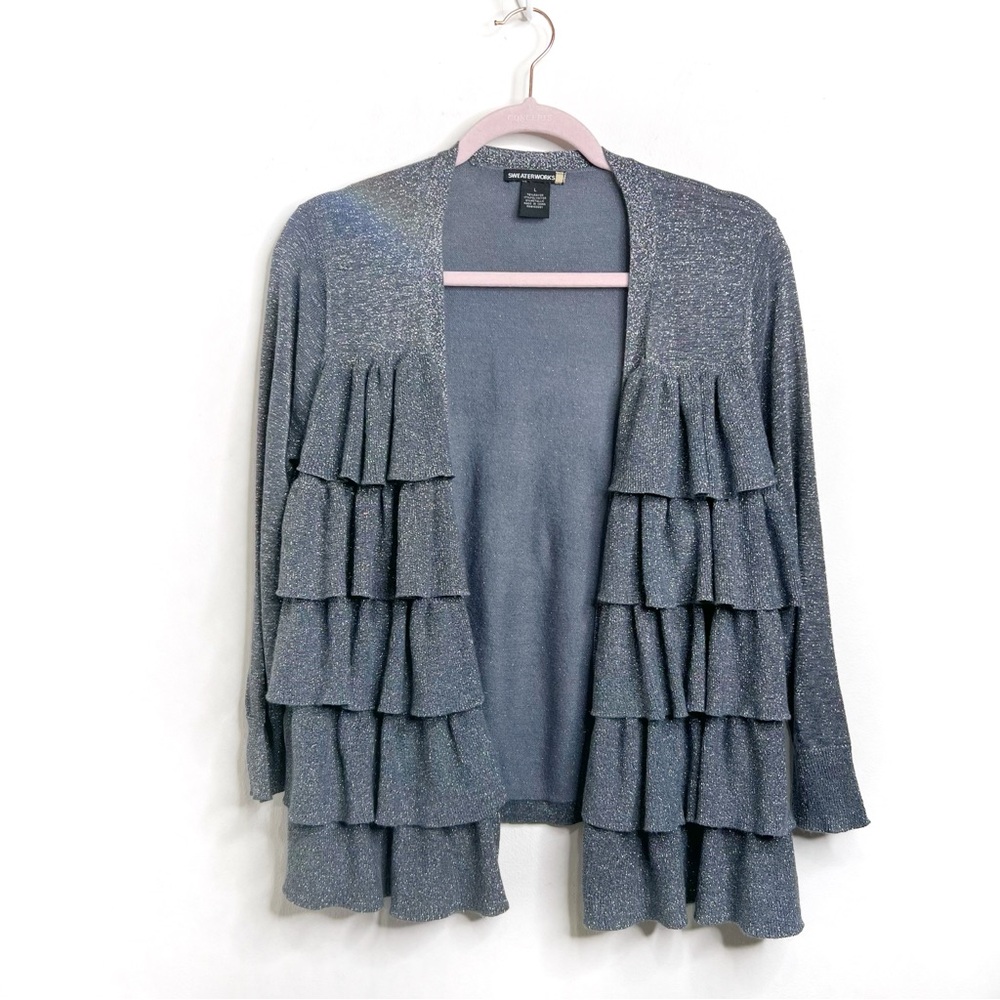 Sweaterworks Shimmery Metallic Ruffled Open Cardigan Sweater Size L